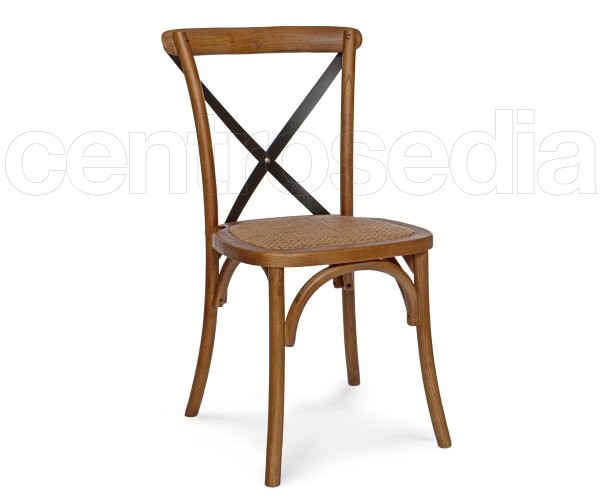 "Cross" Wooden Chair - Rattan Seat Metal Crosses